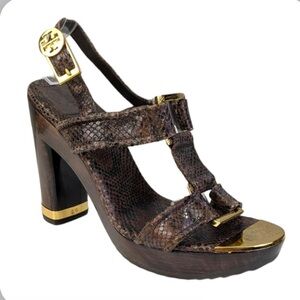 Tory Burch Brown and Gold Heeled Sandals